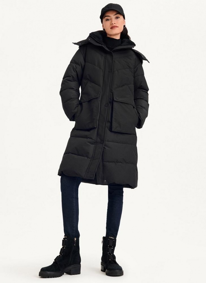 DKNY Long Puffer With Faux Fur Hood Women's Coats Black | Ireland_D1449