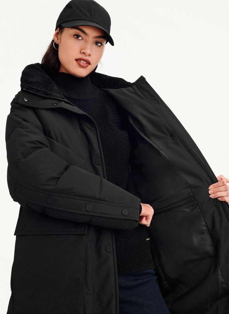 DKNY Long Puffer With Faux Fur Hood Women's Coats Black | Ireland_D1449