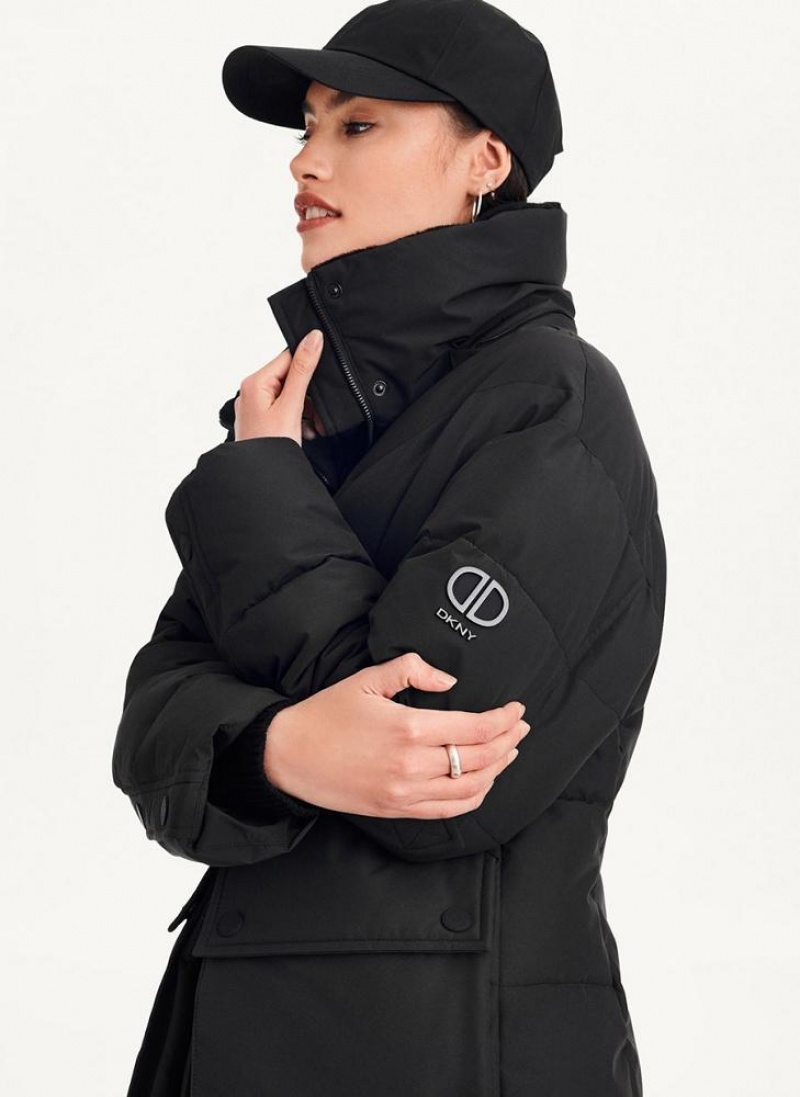 DKNY Long Puffer With Faux Fur Hood Women's Coats Black | Ireland_D1449