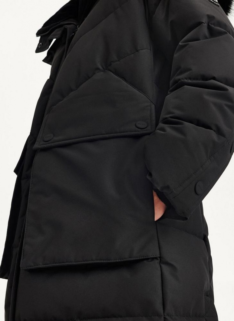 DKNY Long Puffer With Faux Fur Hood Women's Coats Black | Ireland_D1449