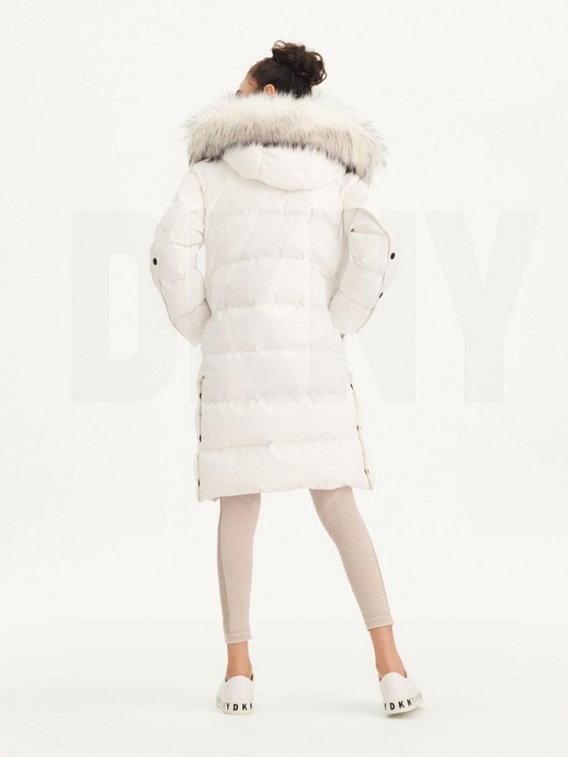 DKNY Long Puffer With Faux Fur Hood Women's Coats White | Ireland_D0824