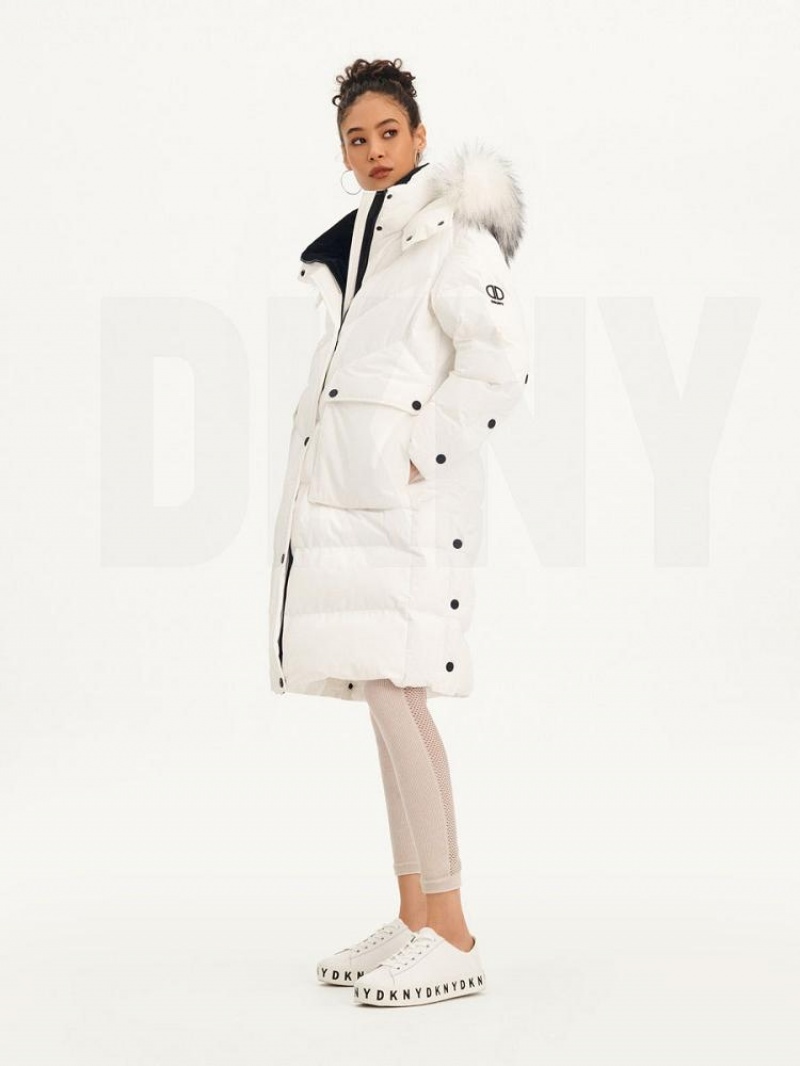 DKNY Long Puffer With Faux Fur Hood Women's Coats White | Ireland_D0824