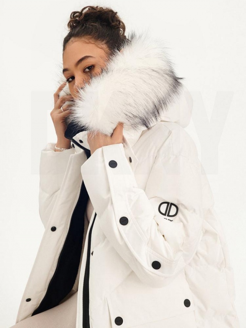 DKNY Long Puffer With Faux Fur Hood Women's Coats White | Ireland_D0824