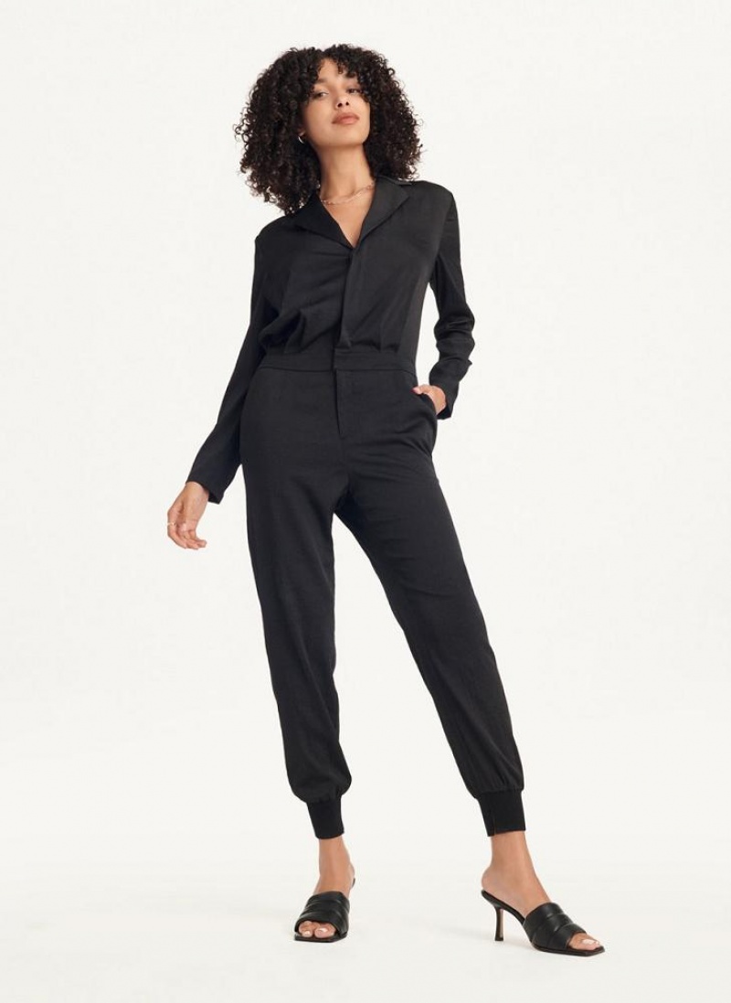 DKNY Long Sleeve Button Front With Lapel Women's Jumpsuit Black | Ireland_D1941