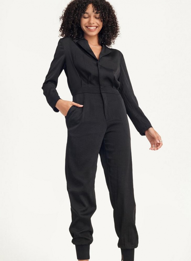 DKNY Long Sleeve Button Front With Lapel Women\'s Jumpsuit Black | Ireland_D1941