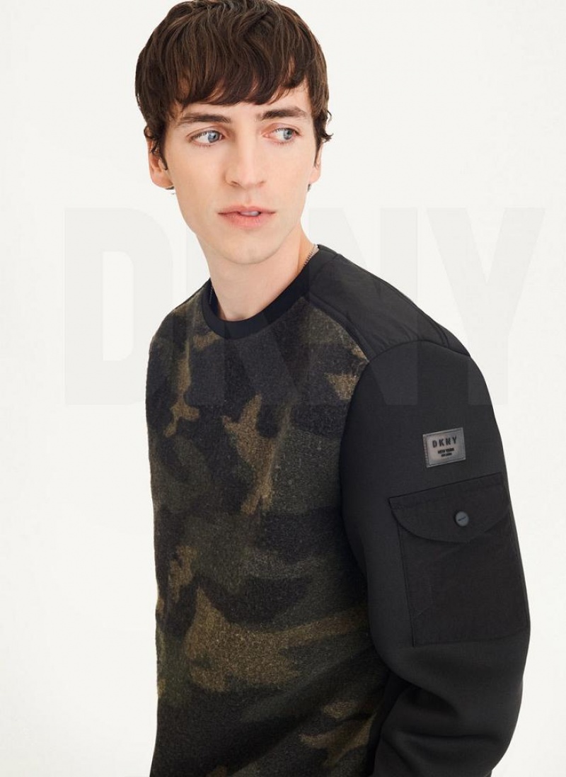 DKNY Long Sleeve Camo Neoprene Sleeve Crewneck Men's Sweatshirts Camo | Ireland_D0463