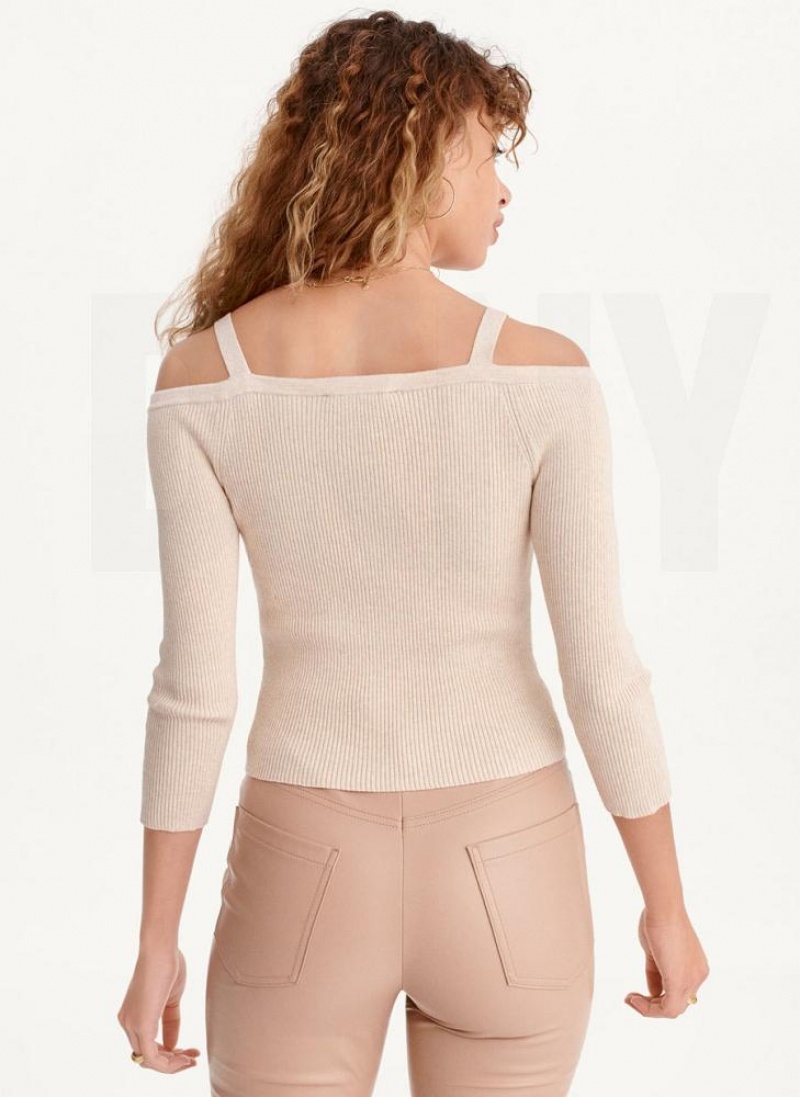 DKNY Long Sleeve Cold Shoulder Women's Sweaters Beige | Ireland_D1965