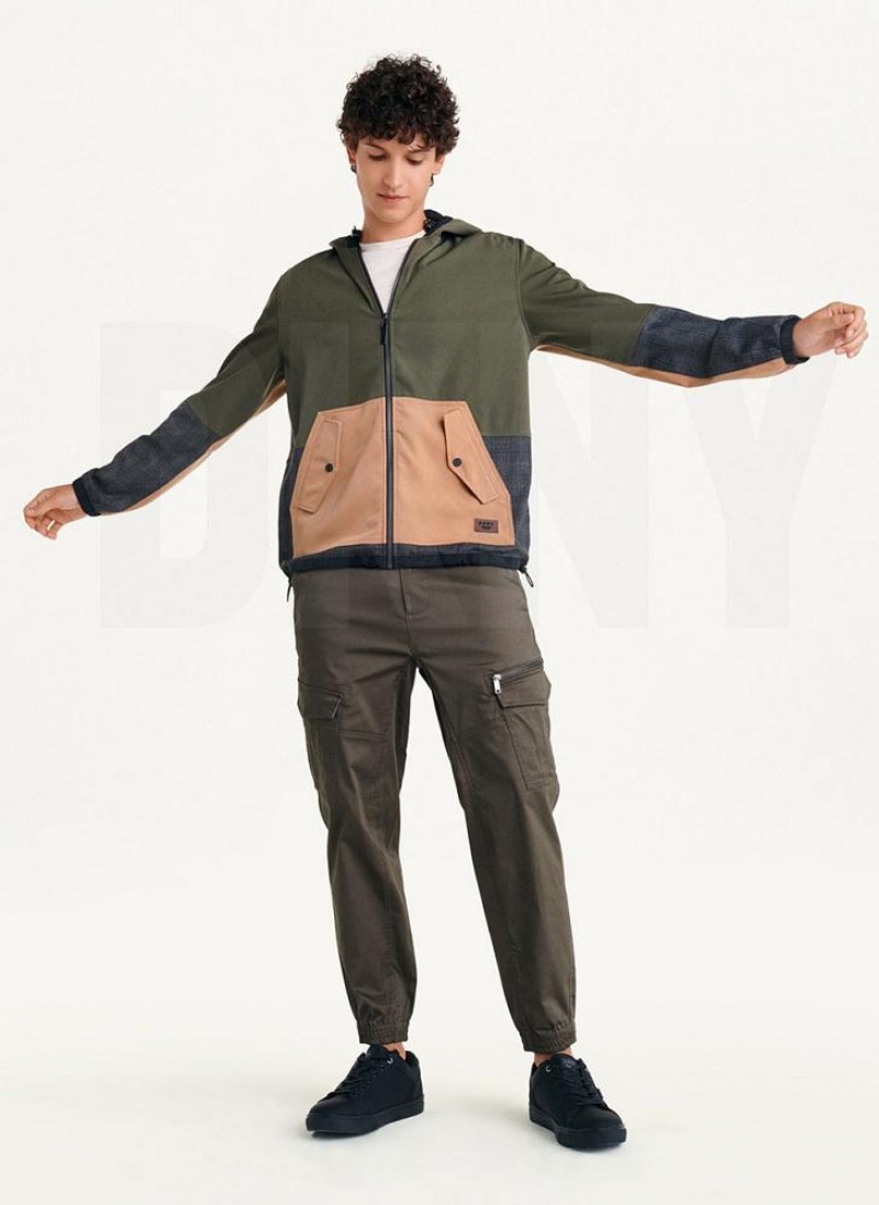 DKNY Long Sleeve Mixed Media Hooded Men's Jackets Olive | Ireland_D0589