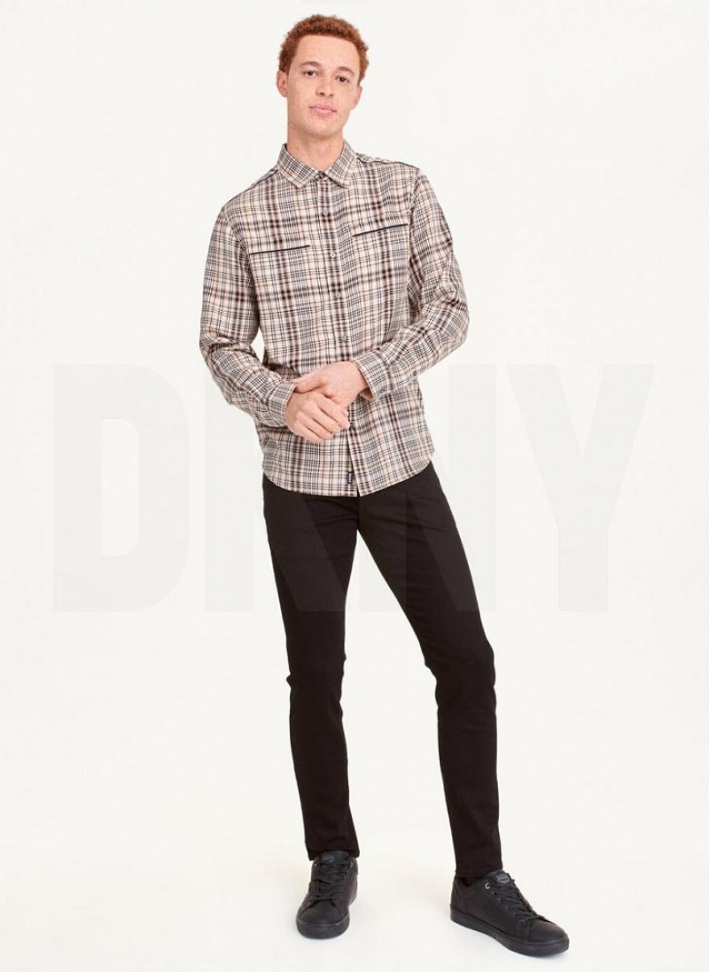 DKNY Long Sleeve Plaid Khaki Button Up Men's Shirts Khaki | Ireland_D1748