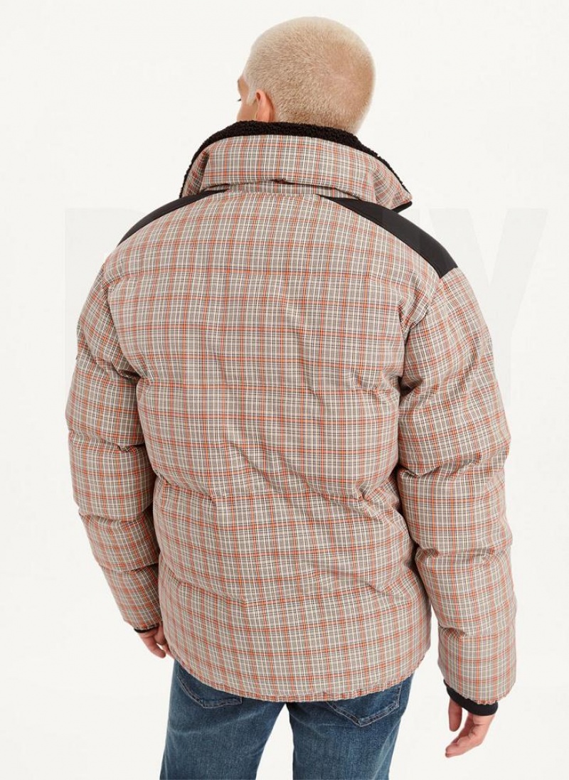 DKNY Long Sleeve Plaid Men's Puffer Jacket Multicolor | Ireland_D0785