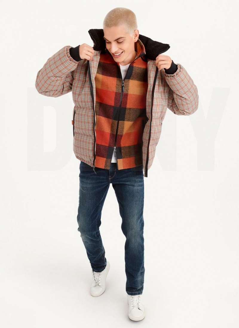 DKNY Long Sleeve Plaid Men's Puffer Jacket Multicolor | Ireland_D0785