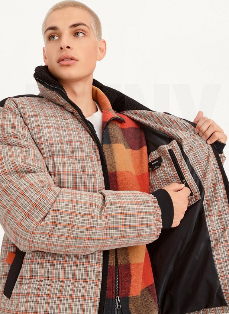 DKNY Long Sleeve Plaid Men's Puffer Jacket Multicolor | Ireland_D0785