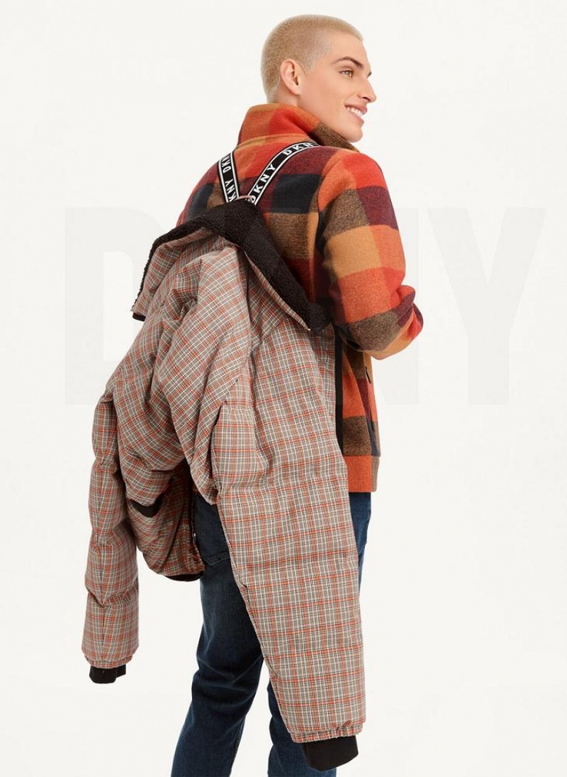 DKNY Long Sleeve Plaid Men's Puffer Jacket Multicolor | Ireland_D0785