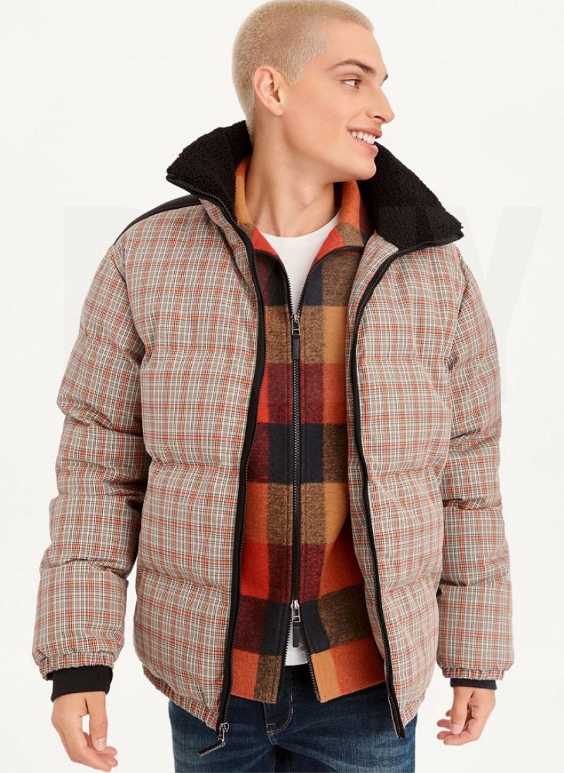 DKNY Long Sleeve Plaid Men\'s Puffer Jacket Multicolor | Ireland_D0785