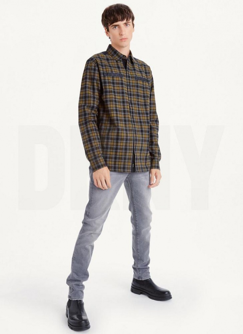 DKNY Long Sleeve Plaid Men's Shirts Olive | Ireland_D1003