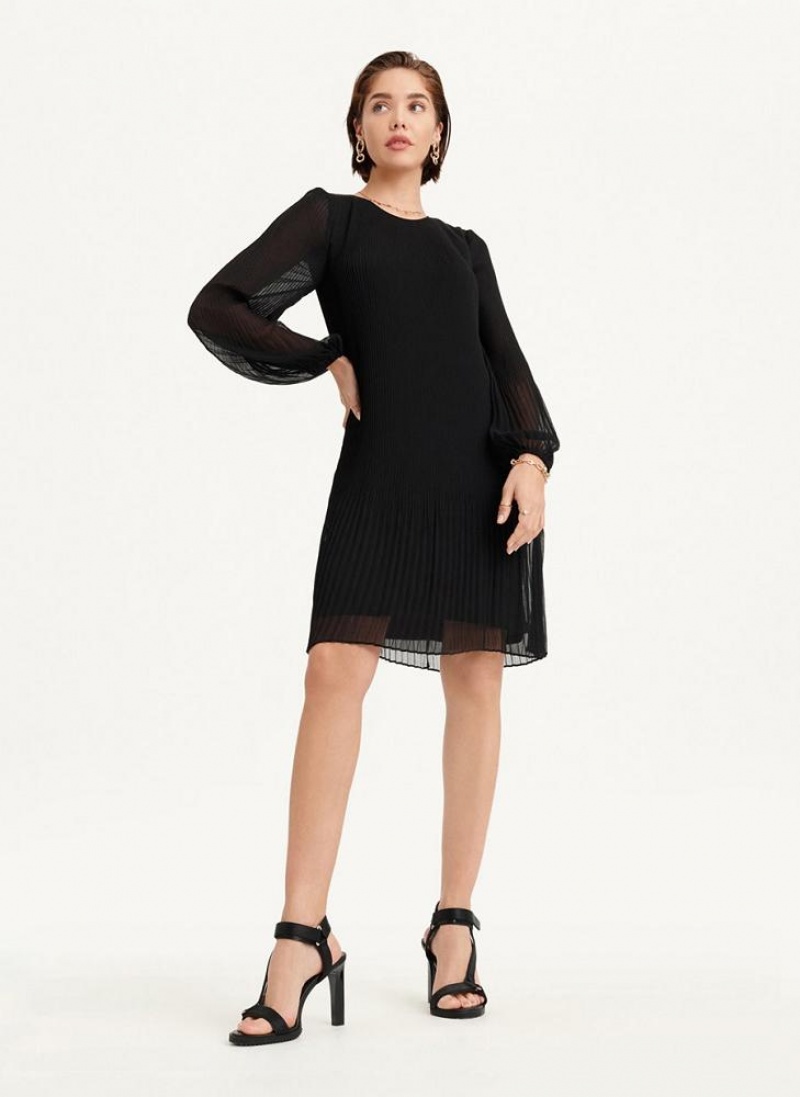 DKNY Long Sleeve Pleated A Line Women's Dress Black | Ireland_D0766