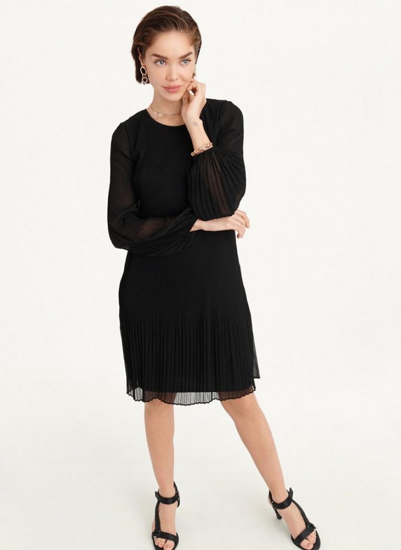 DKNY Long Sleeve Pleated A Line Women's Dress Black | Ireland_D0766