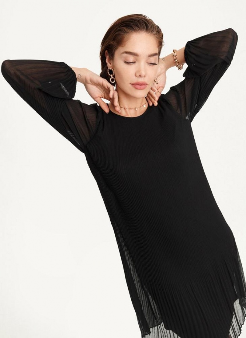 DKNY Long Sleeve Pleated A Line Women's Dress Black | Ireland_D0766