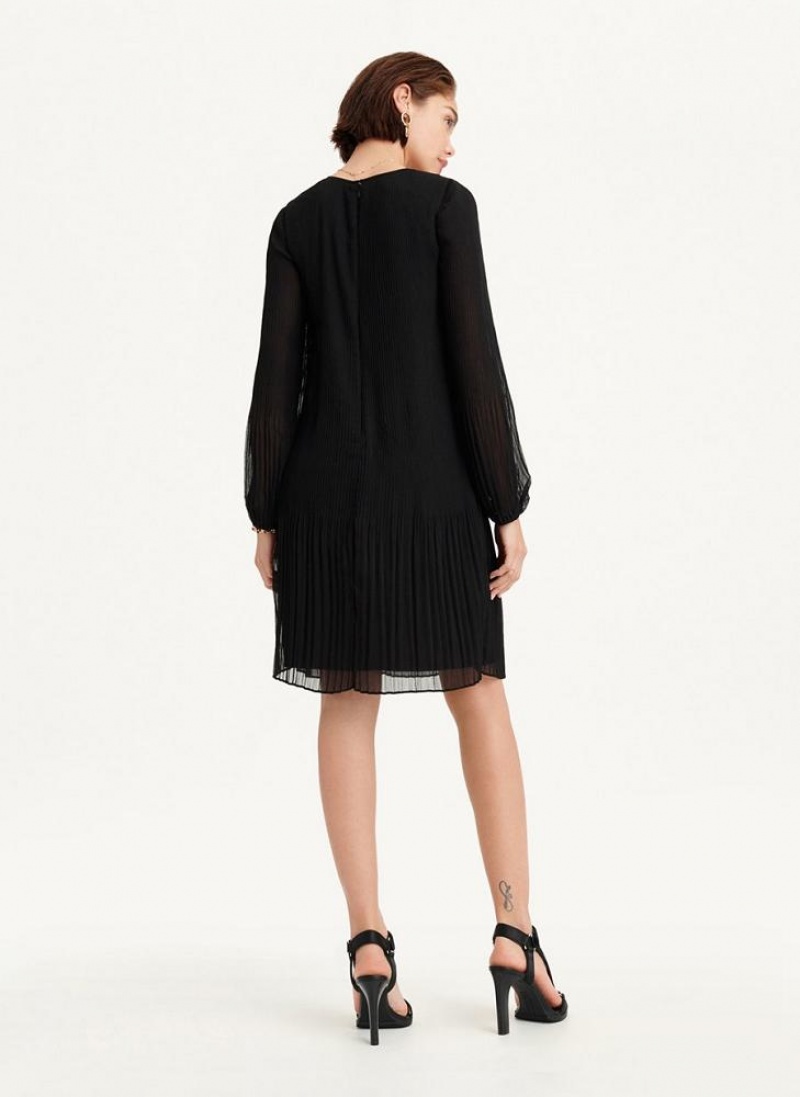 DKNY Long Sleeve Pleated A Line Women's Dress Black | Ireland_D0766