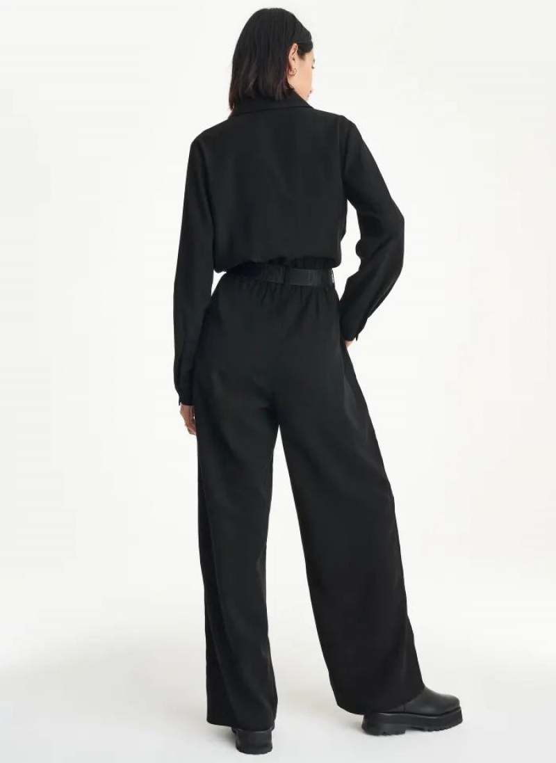 DKNY Long Sleeve Roll Sleeve Zip Front Women's Jumpsuit Black | Ireland_D1068