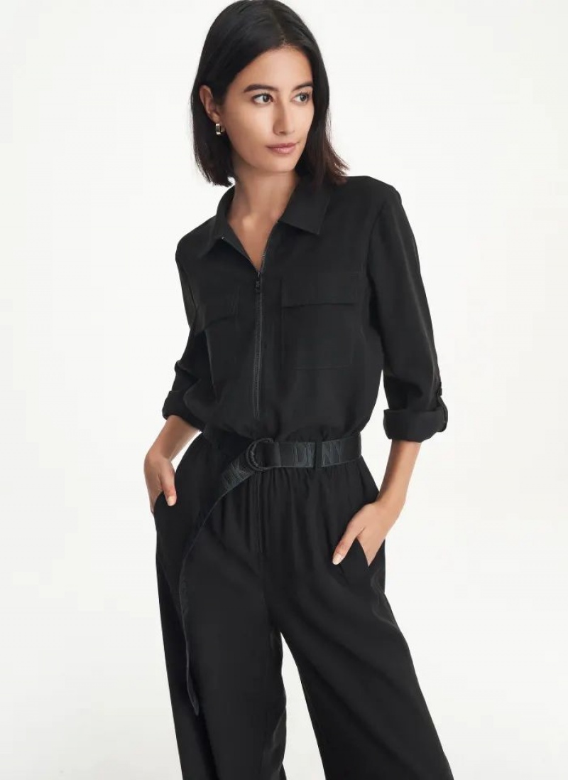 DKNY Long Sleeve Roll Sleeve Zip Front Women's Jumpsuit Black | Ireland_D1068