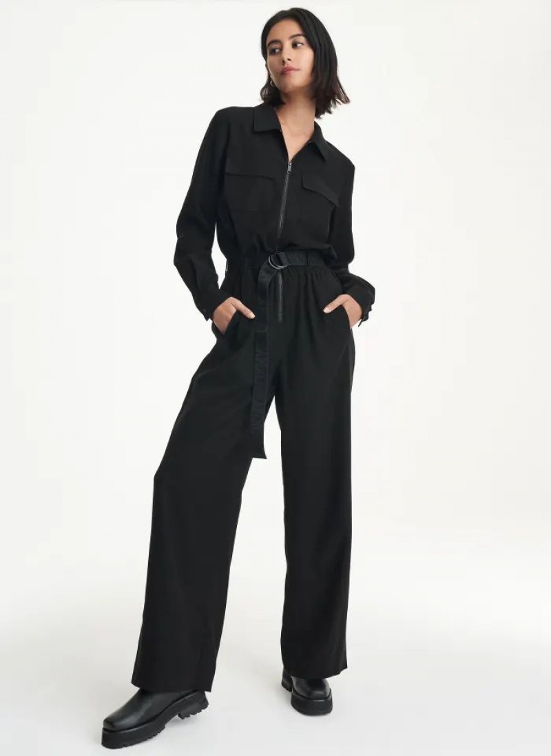 DKNY Long Sleeve Roll Sleeve Zip Front Women\'s Jumpsuit Black | Ireland_D1068