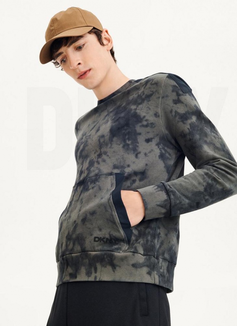 DKNY Long Sleeve Tie Dye Crewneck With Nylon Trim Men's Sweatshirts Olive / Black | Ireland_D1303