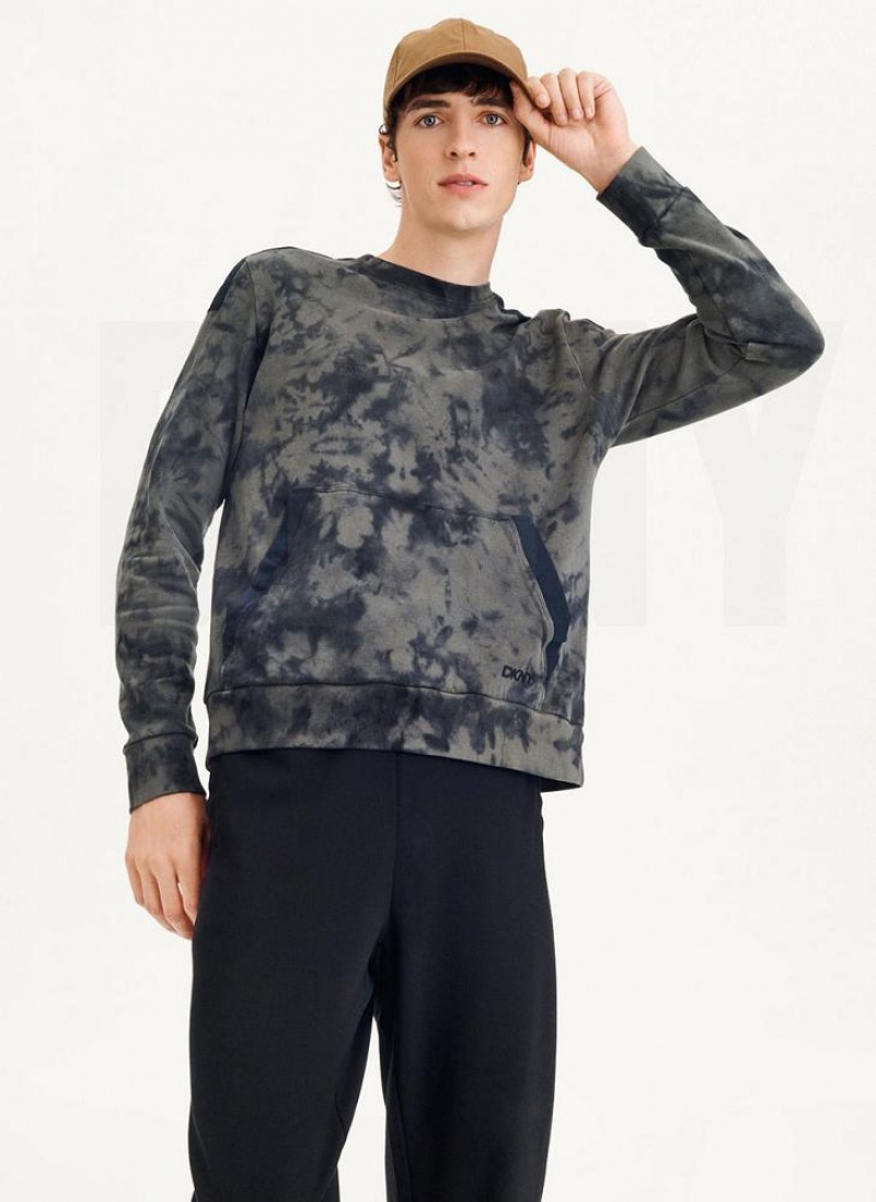 DKNY Long Sleeve Tie Dye Crewneck With Nylon Trim Men's Sweatshirts Olive / Black | Ireland_D1303