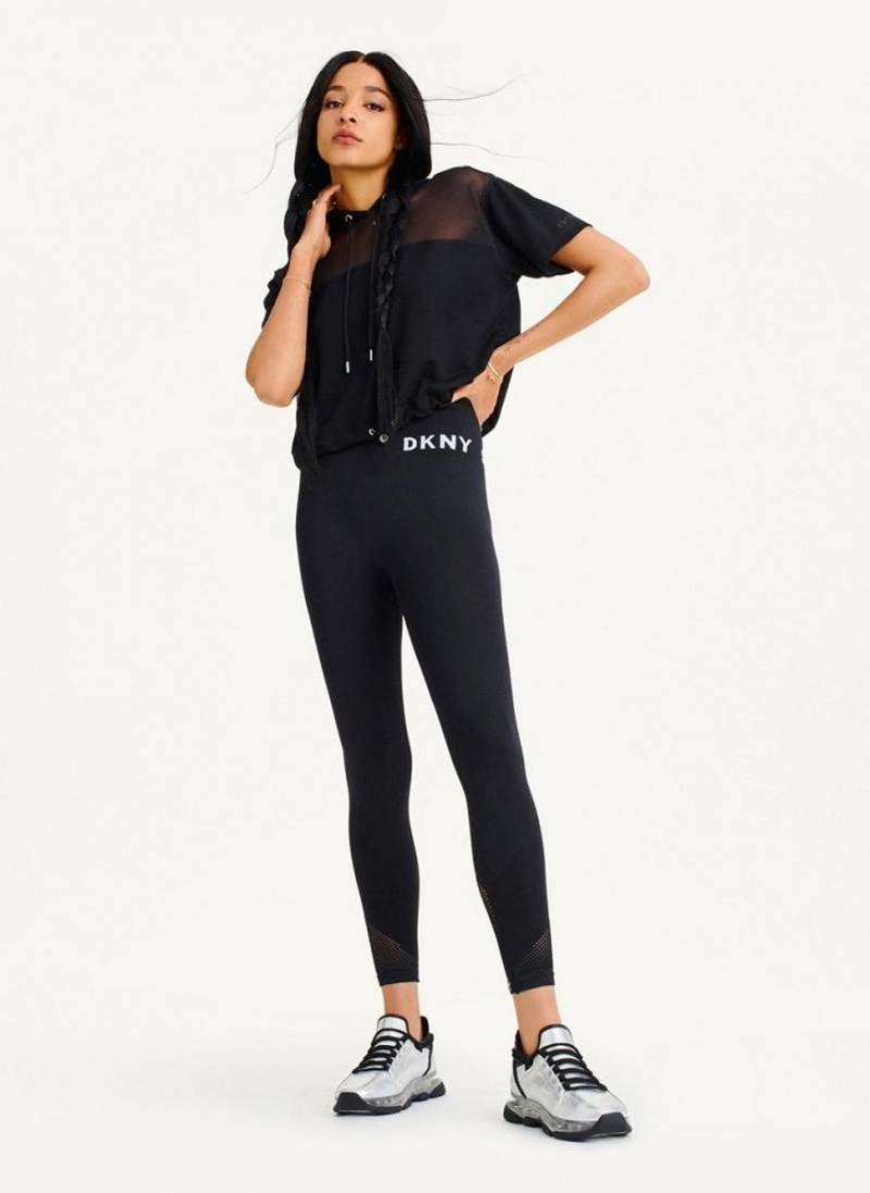 DKNY Mesh Blocked Short Sleeve Women's Hoodies Black | Ireland_D0912