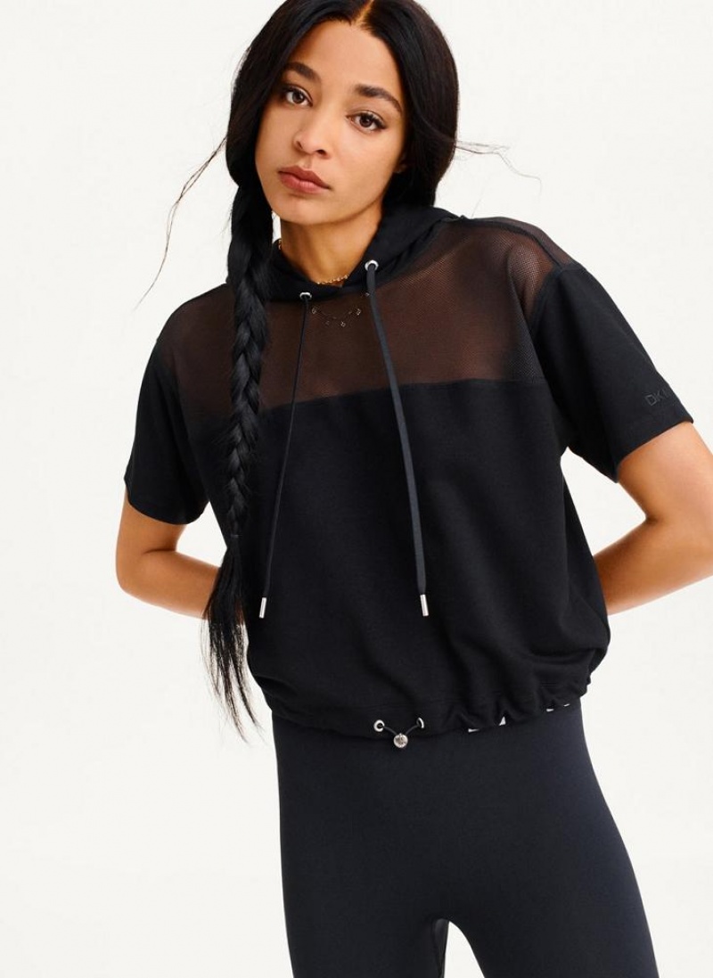 DKNY Mesh Blocked Short Sleeve Women's Hoodies Black | Ireland_D0912