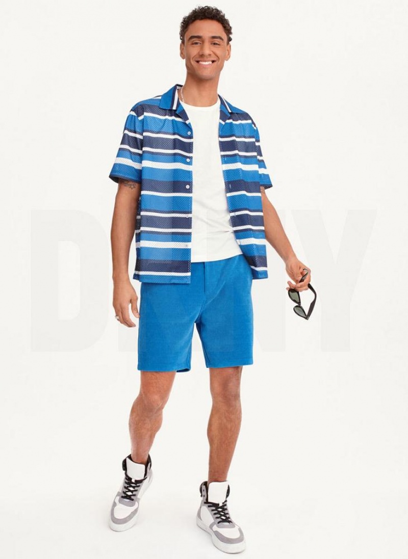 DKNY Mesh Stripe Camp Men's Shirts Blue Multicolor | Ireland_D1606