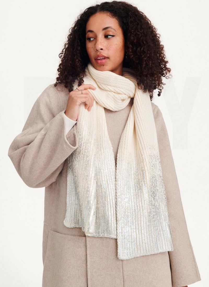 DKNY Metallic Rib Knit Oblong Women's Scarf White / Silver | Ireland_D1446