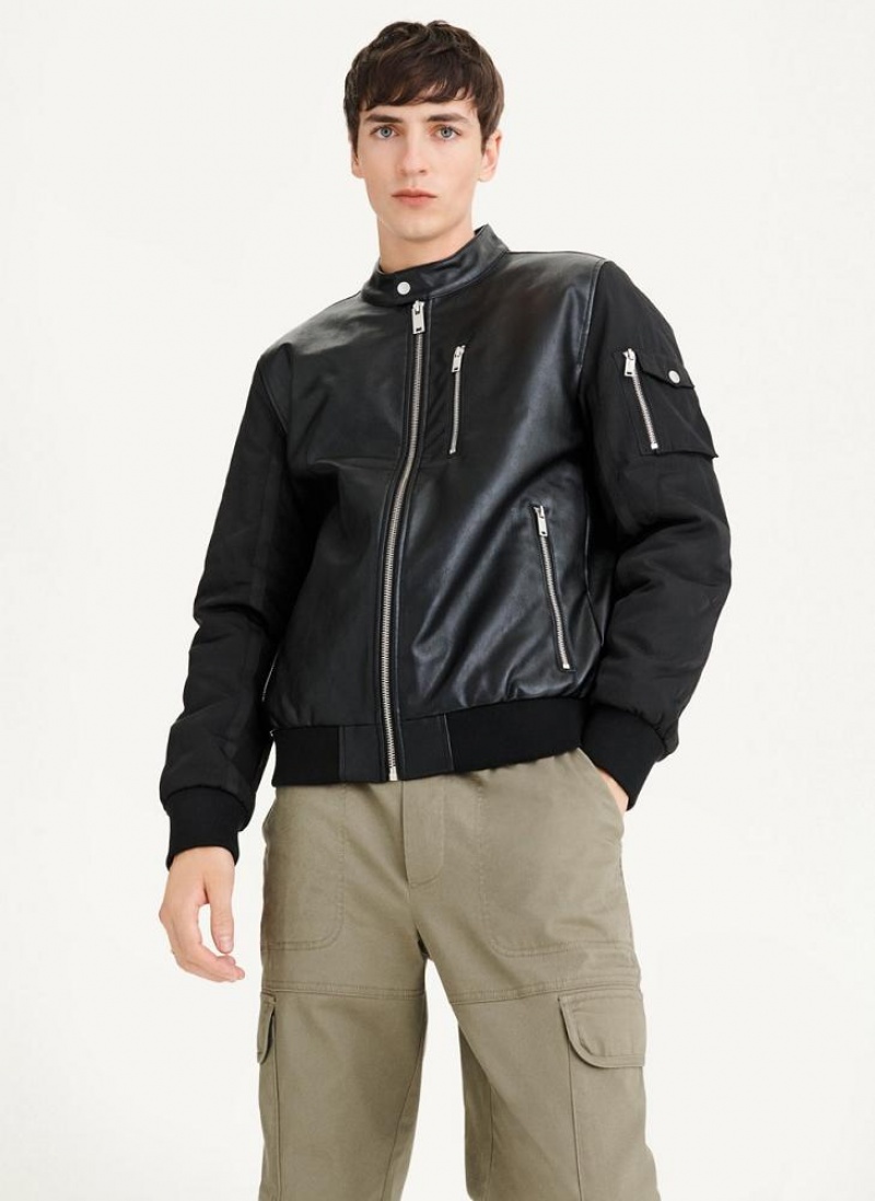 DKNY Mixed Media Faux Leather Bomber Men's Jackets Black | Ireland_D0920