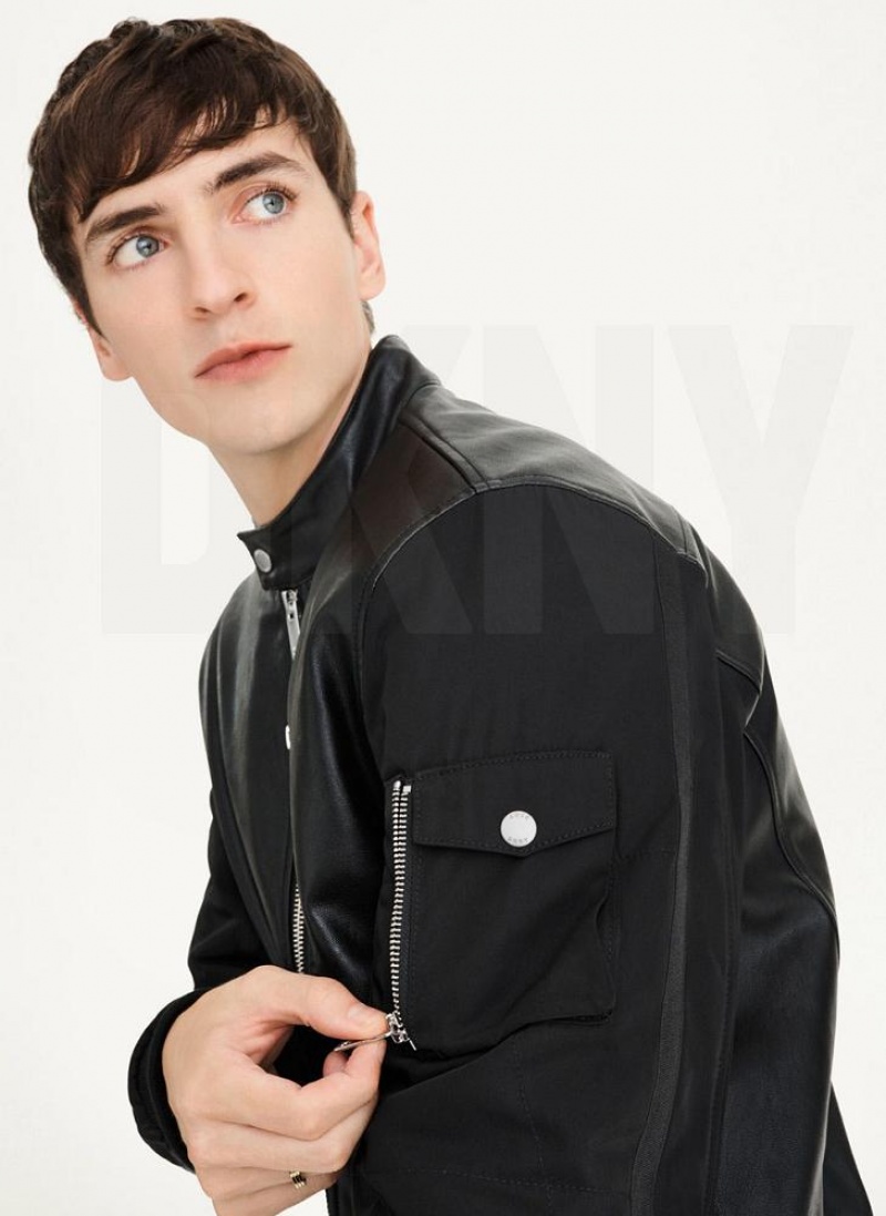 DKNY Mixed Media Faux Leather Bomber Men's Jackets Black | Ireland_D0920