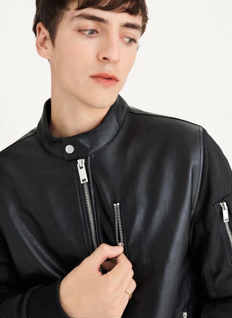 DKNY Mixed Media Faux Leather Bomber Men\'s Jackets Black | Ireland_D0920