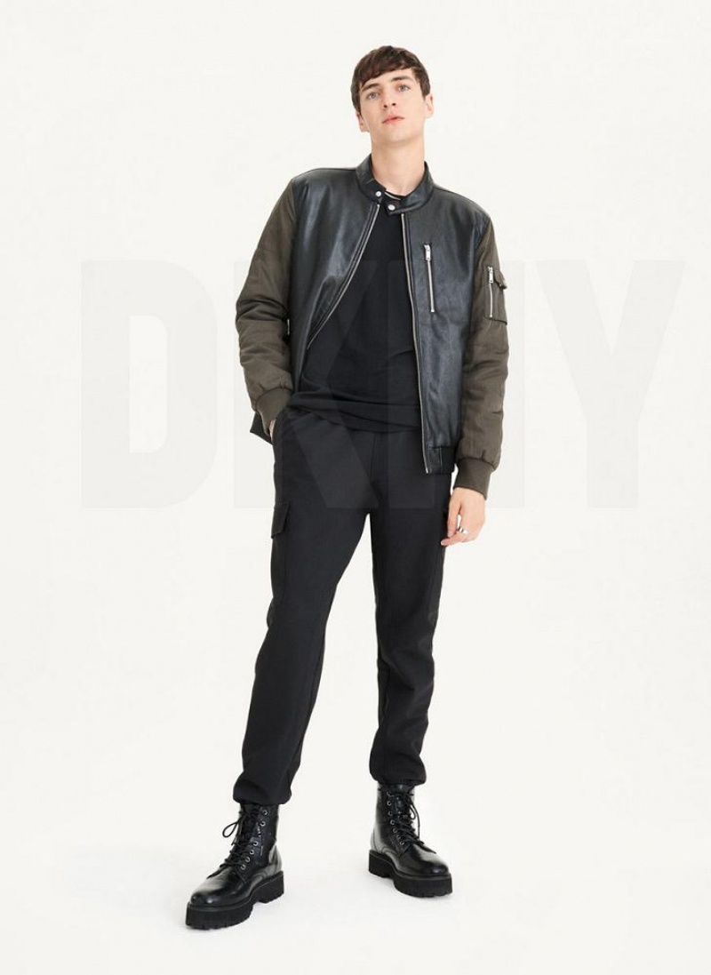 DKNY Mixed Media Faux Leather Bomber Men's Jackets Black / Olive | Ireland_D1612