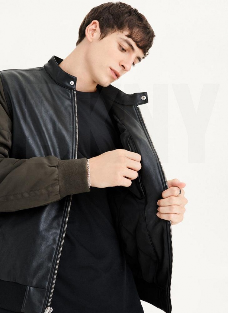 DKNY Mixed Media Faux Leather Bomber Men's Jackets Black / Olive | Ireland_D1612