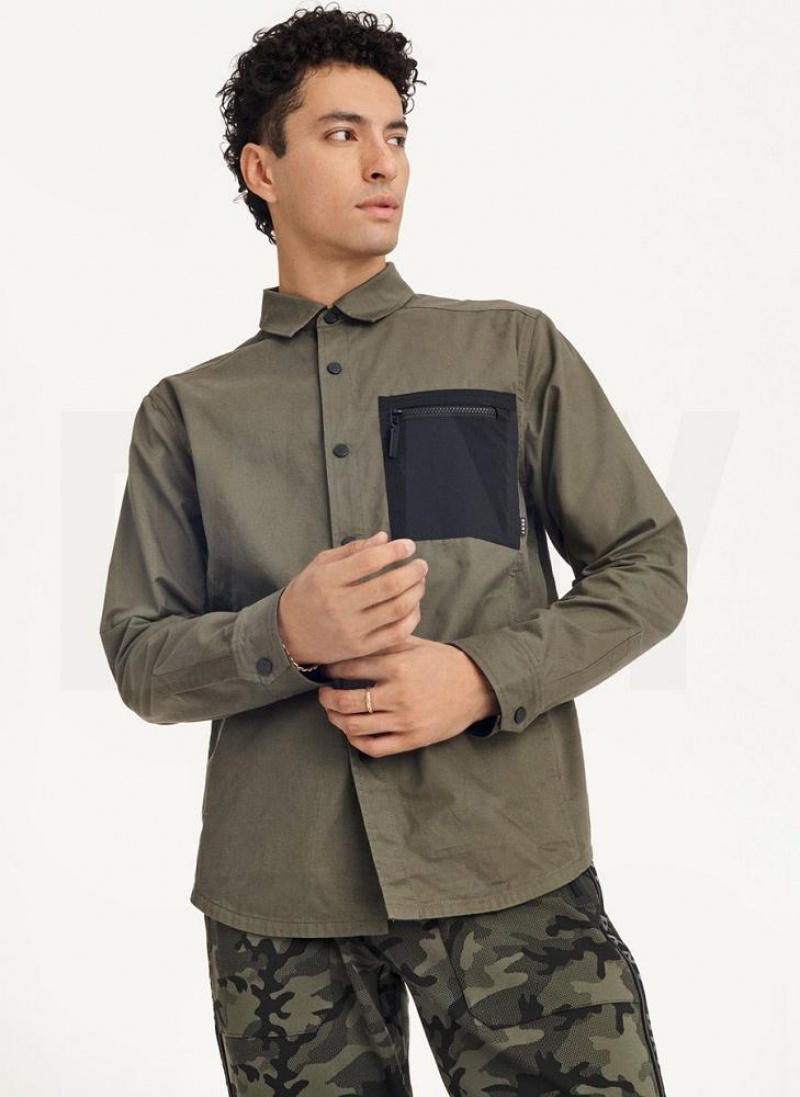 DKNY Mixed Media PockeT-Shirt Jacket Men's Shirts Olive | Ireland_D1837