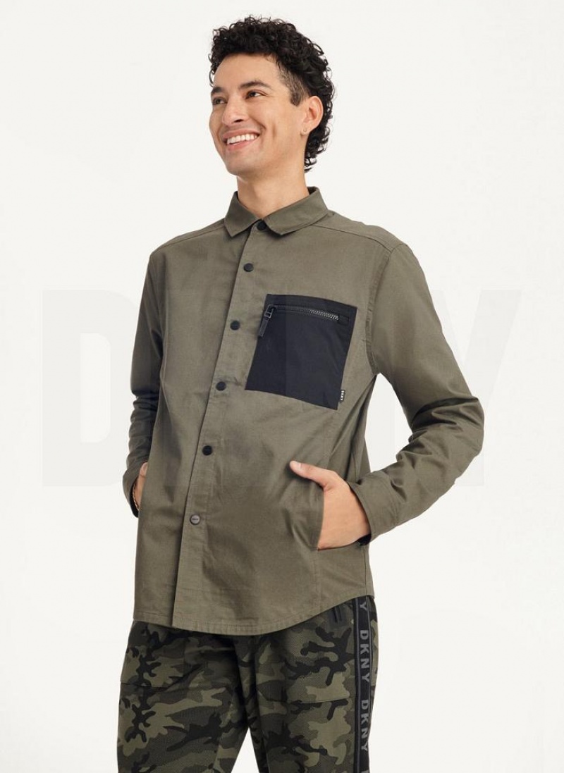 DKNY Mixed Media PockeT-Shirt Jacket Men's Shirts Olive | Ireland_D1837