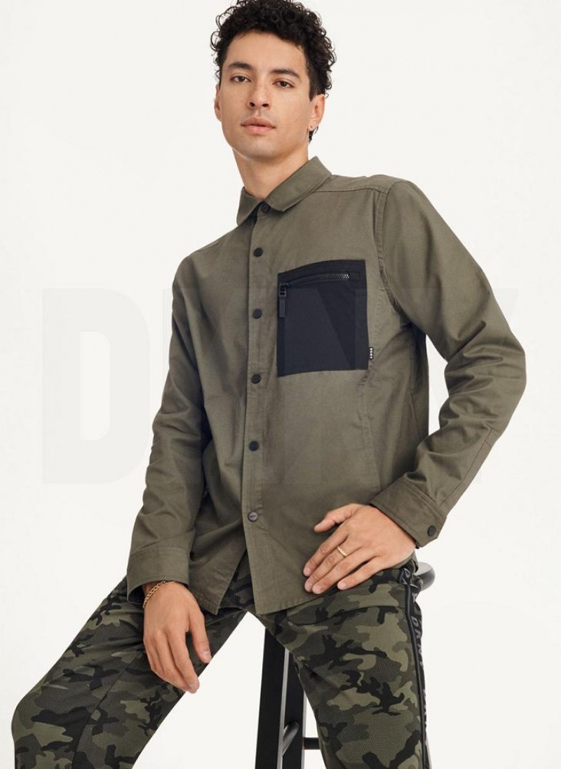 DKNY Mixed Media PockeT-Shirt Jacket Men\'s Shirts Olive | Ireland_D1837