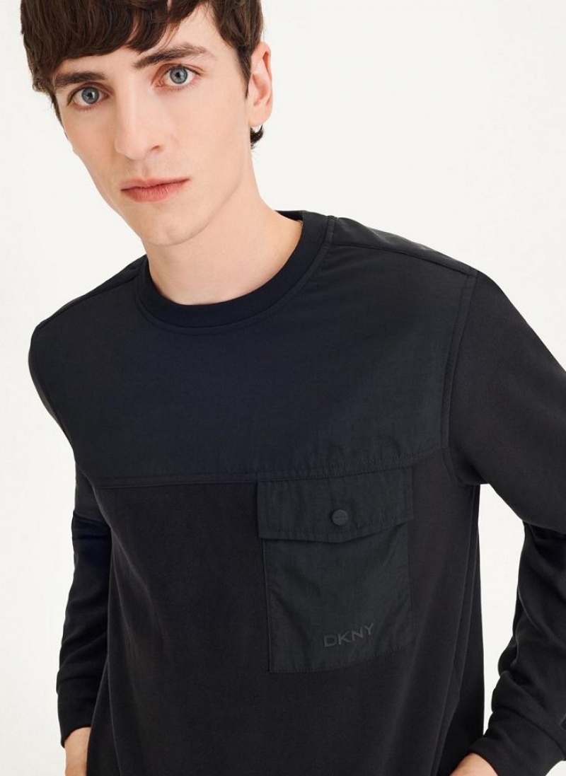 DKNY Mixed Media Pocket Long Sleeve Knit Men\'s T Shirts Black | Ireland_D1746