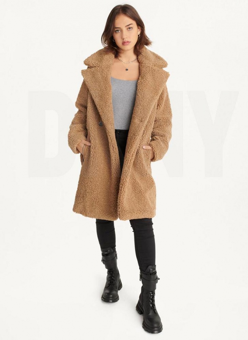 DKNY Oversized Long Sherpa Women's Coats Brown | Ireland_D1107