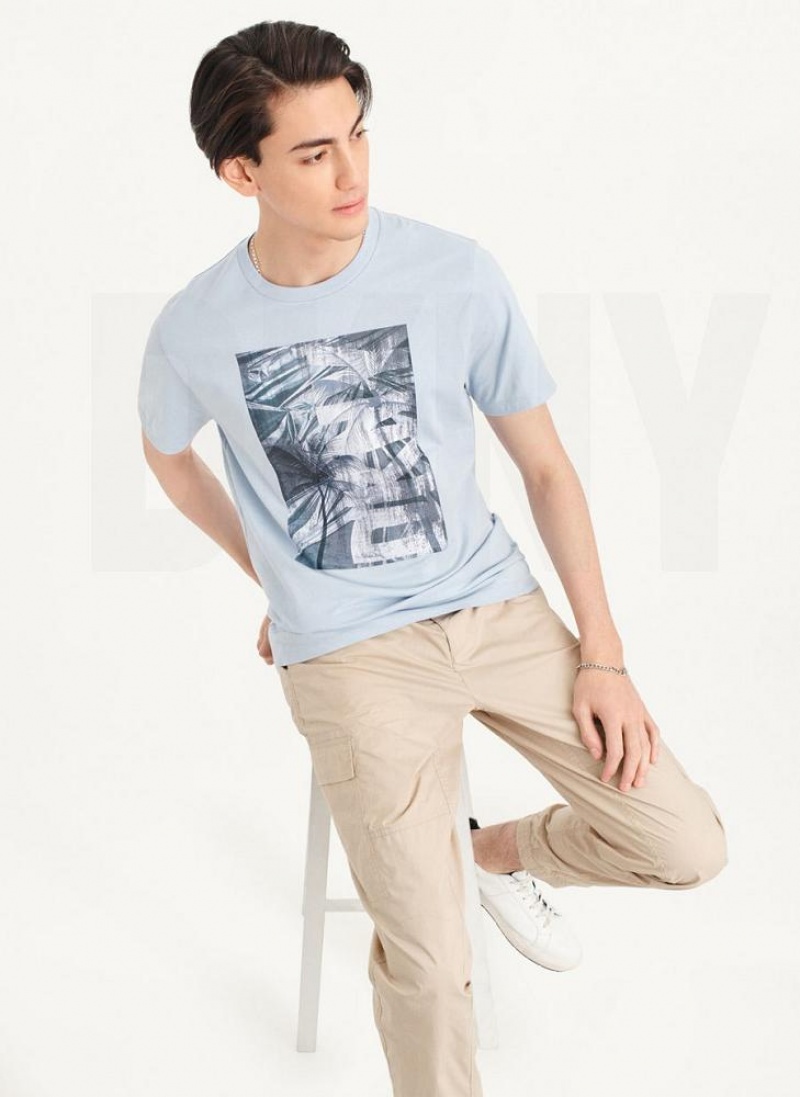 DKNY Palm Distress Men's T Shirts Blue | Ireland_D1255