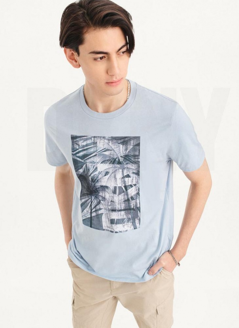 DKNY Palm Distress Men's T Shirts Blue | Ireland_D1255