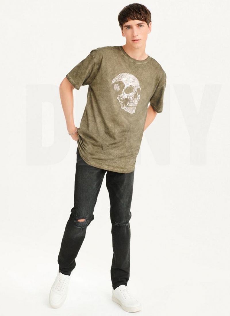 DKNY Pigment Dye Sketched Skull Men's T Shirts Olive | Ireland_D0488