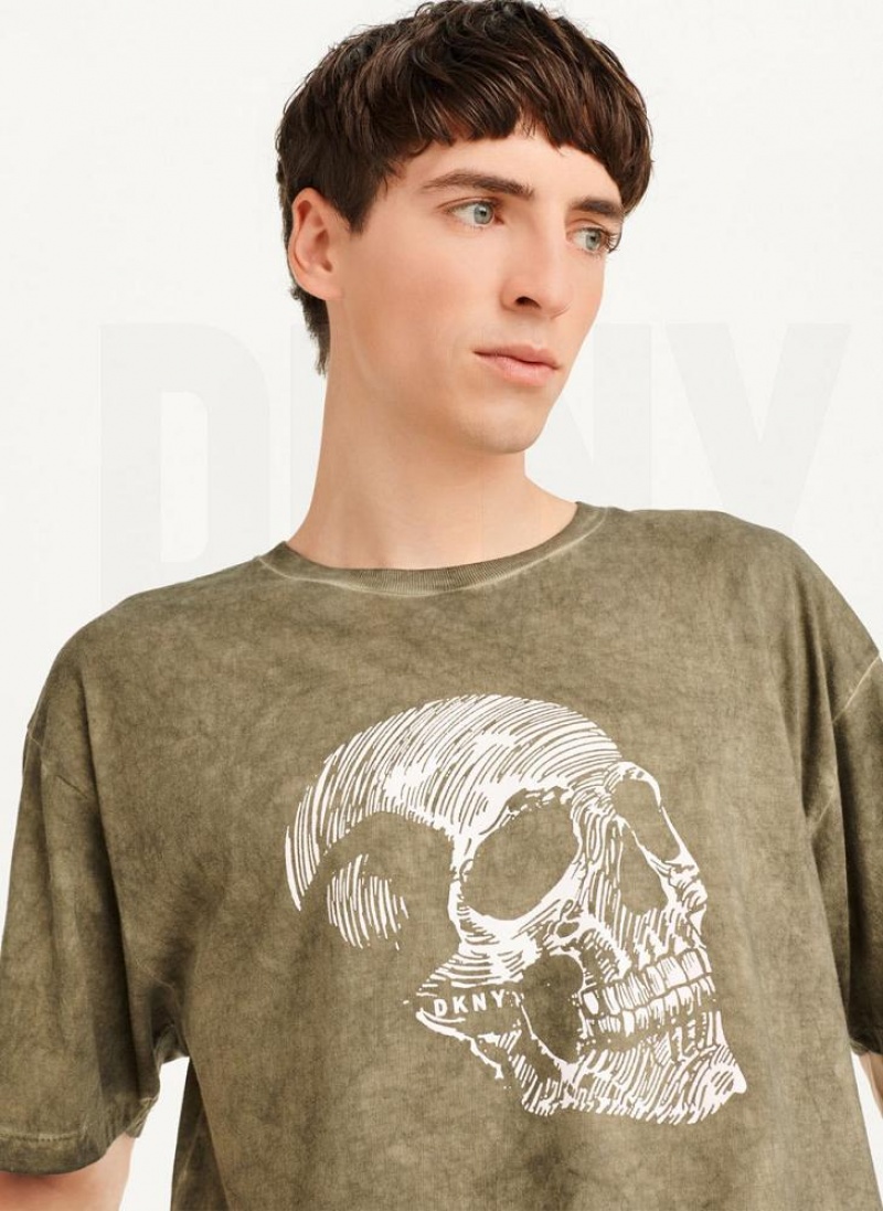 DKNY Pigment Dye Sketched Skull Men's T Shirts Olive | Ireland_D0488