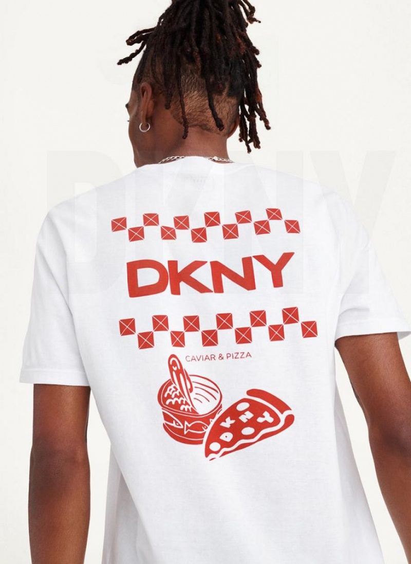 DKNY Pizza And Caviar Men's T Shirts White | Ireland_D1023