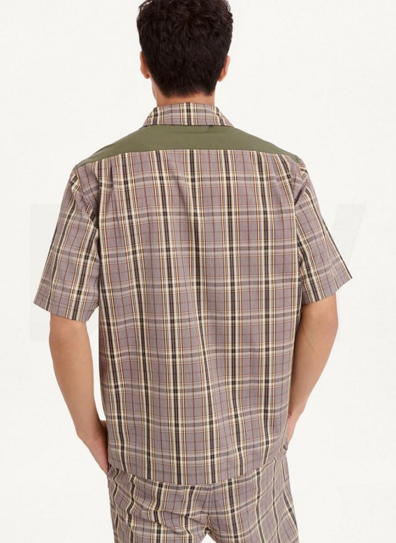 DKNY Plaid/Solid Mixed Short Sleeve Knit Men's Shirts Olive | Ireland_D0582