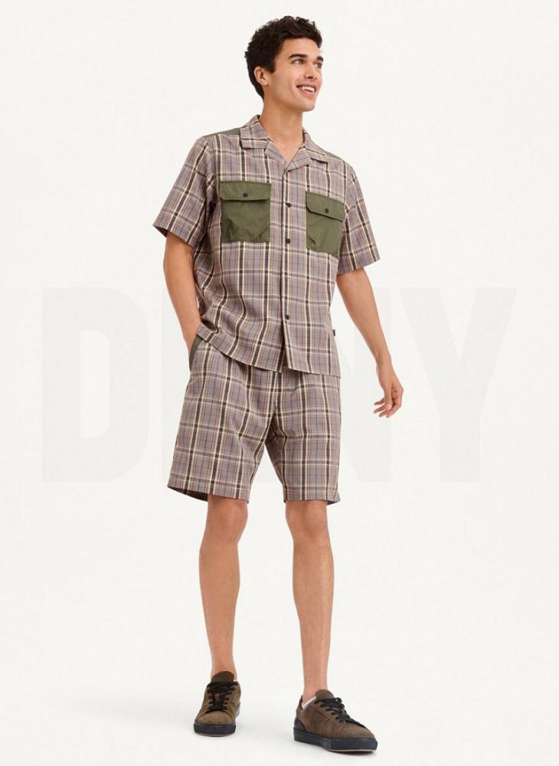 DKNY Plaid/Solid Mixed Short Sleeve Knit Men's Shirts Olive | Ireland_D0582