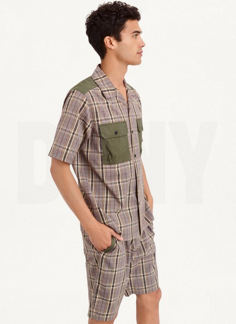 DKNY Plaid/Solid Mixed Short Sleeve Knit Men's Shirts Olive | Ireland_D0582